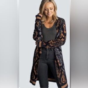 Christine Phillipe Longline Mohair Blend Lara Open Animal Print Cardigan Sz XL